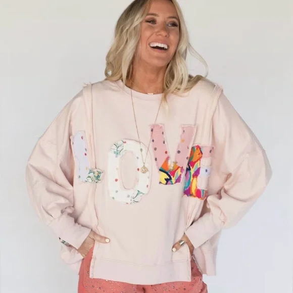 Easel Multicolor “LOVE” Patchwork Sweater - Picture 1 of 5